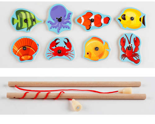 Frog And cat fishing magnetic wooden child educational toys fishing game pond rod baby 3-6 years
