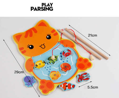 Frog And cat fishing magnetic wooden child educational toys fishing game pond rod baby 3-6 years