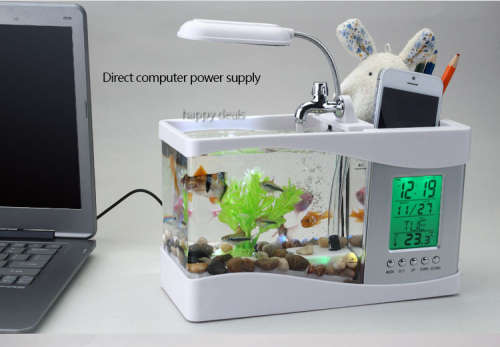 USB Desktop Aquarium Mini Fish Tank With LCD Display Multi functional Calendar