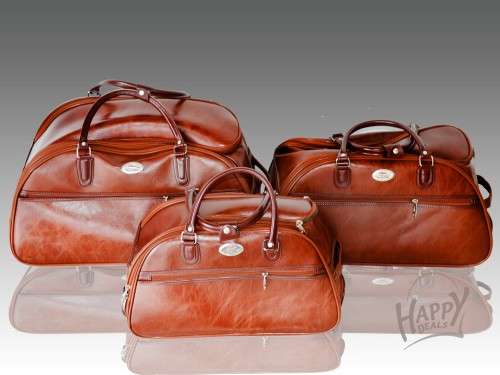 SET OF 3 LEATHER TRAVEL LUGGAGE BAGS, WITH UNIVERSAL WHEELS AND PULLING HANDLE