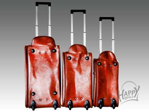 SET OF 3 LEATHER TRAVEL LUGGAGE BAGS, WITH UNIVERSAL WHEELS AND PULLING HANDLE