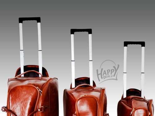 SET OF 3 LEATHER TRAVEL LUGGAGE BAGS, WITH UNIVERSAL WHEELS AND PULLING HANDLE