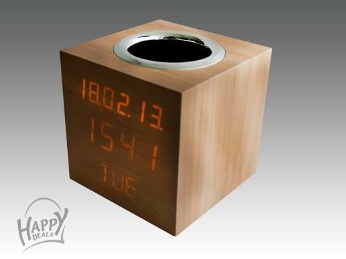 WOODEN CUBE ALARM CLOCK AND CALENDAR