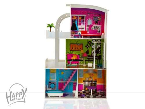 Modern wooden dollhouse and 18 furniture pieces, with elevator - over 100mm' tall