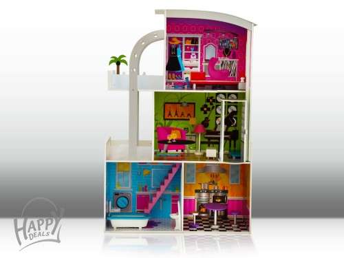 Modern wooden dollhouse and 18 furniture pieces, with elevator - over 100mm' tall