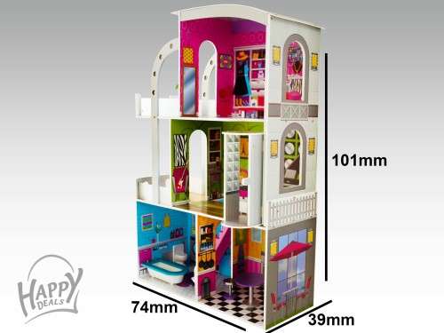 Modern wooden dollhouse and 18 furniture pieces, with elevator - over 100mm' tall