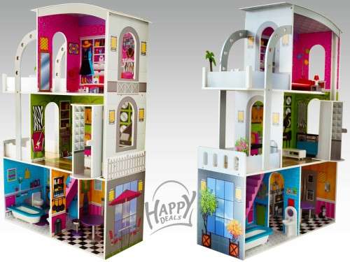 Modern wooden dollhouse and 18 furniture pieces, with elevator - over 100mm' tall