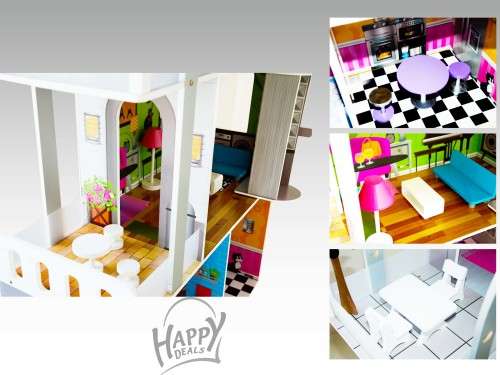 Modern wooden dollhouse and 18 furniture pieces, with elevator - over 100mm' tall