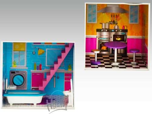 Modern wooden dollhouse and 18 furniture pieces, with elevator - over 100mm' tall