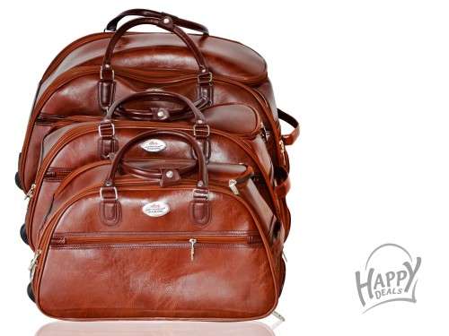 SET OF 3 LEATHER TRAVEL LUGGAGE BAGS, WITH UNIVERSAL WHEELS AND PULLING HANDLE