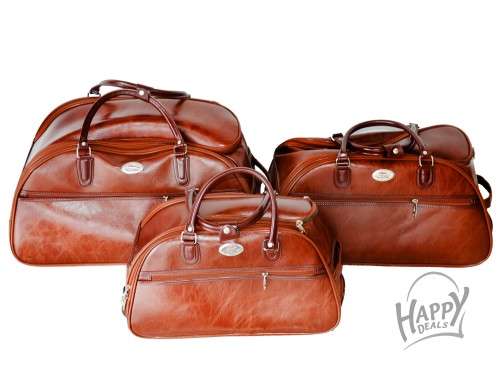 SET OF 3 LEATHER TRAVEL LUGGAGE BAGS, WITH UNIVERSAL WHEELS AND PULLING HANDLE