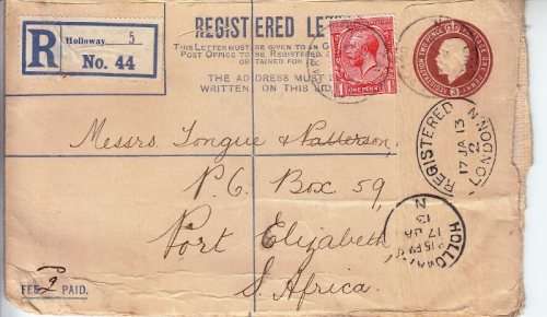KGVI - 1913 registered letter from England to South Africa