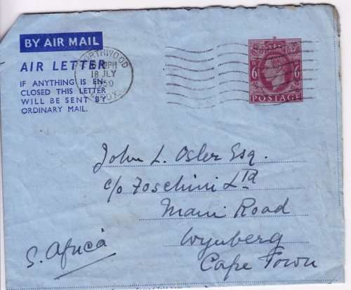 KGVI - 1953 Airmail letter from England to South Africa