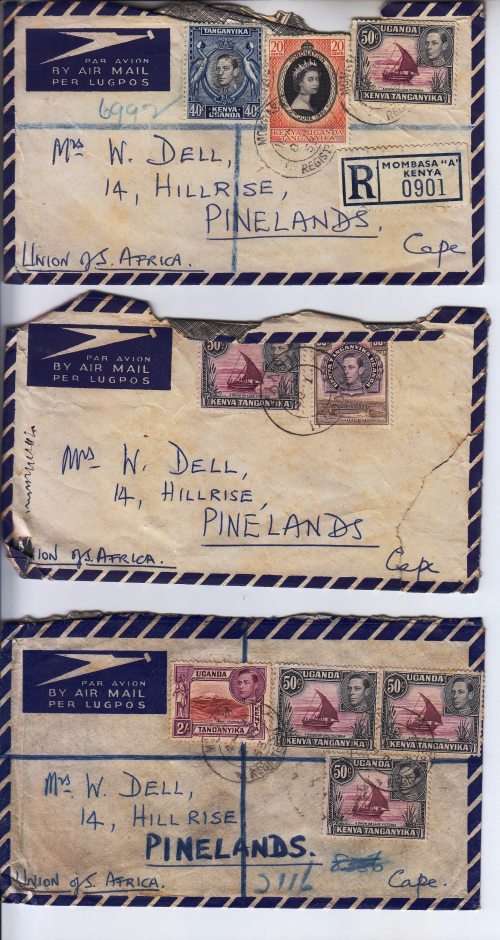 KGVI - 1953 - 3 registered covers from Mombasa (KUT) to Pinelands with wax seals - average condition