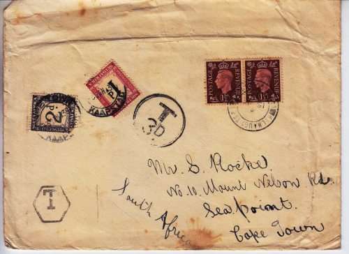 KGVI - 1938 cover from England to Cape Town - Surcharged - Back missing a piece - rare!
