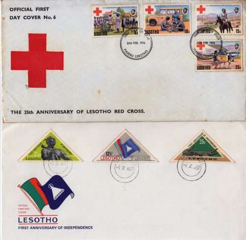 Lesotho two FDCs - 1976 and 1957 - Toning spots