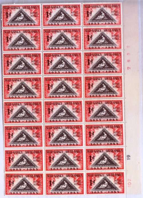 Union 1953 - Centenary of First Issue of the Cape Triangular - MNH - Block of 24 stamps! Faults