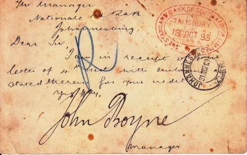 Mashonaland Postcard- Salisbury to Johannesburg - Oct 1895 - Special item!