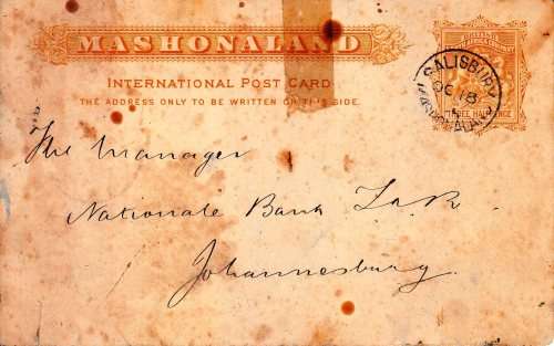Mashonaland Postcard- Salisbury to Johannesburg - Oct 1895 - Special item!