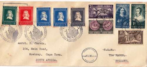Netherlands - FDC - 1952 - Jan Van Riebeek - Letter to Cape Town - With KLM Counter value