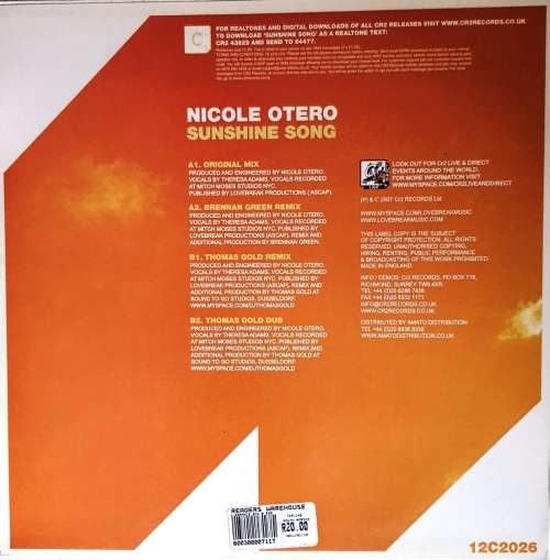 LP,NICOLE OTERO,SUNSHINE SONG,Record:VG+,Cover:VG+,Label:CR2,CAT:12C2026,Press:UK,Electro,House