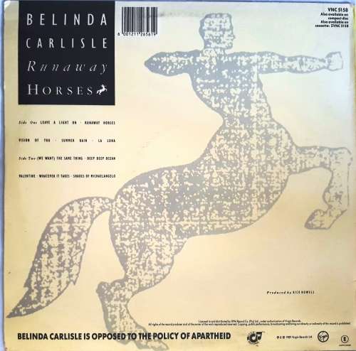 LP,BELINDA CARLISLE,RUN AWAY HORSES,Record:VG+,Cover:VG+,Label:Virgin,CAT:VNC 5158,Press:SA