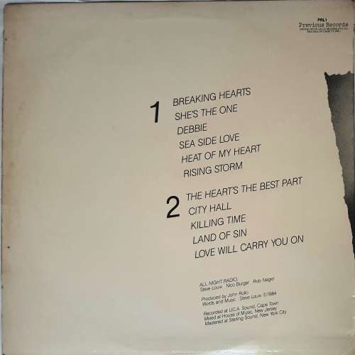 LP,ALL NIGHT RADIO,THE HEART`S THE BEST PART,Record:VG+,Cover:VG+,Label:Previous,CAT:PRL1,Press:SA