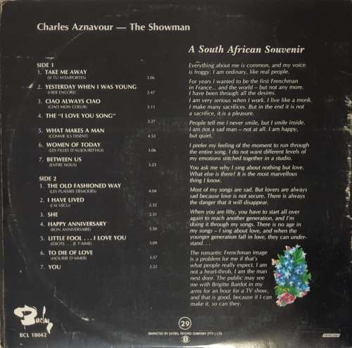 LP,CHARLES AZNAVOUR,A SOUTH AFRICAN SOUVENIR,Record:VG+,Cover:VG,Label:Barclay,CAT:BCL18042
