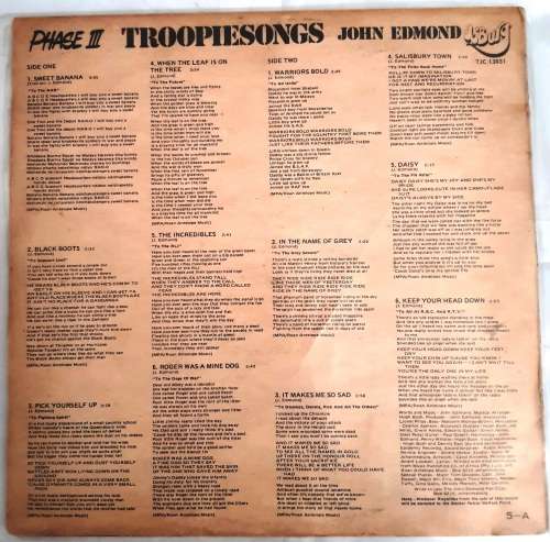 LP,JOHN EDMOND,TROOPIE SONGS,PHASE III,Record & Cover:VG+,Label:Jo`Burg,CAT:TJC 13031,Press:Rhodesia