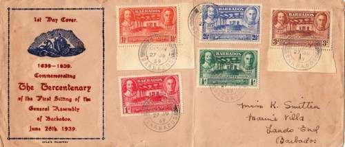 Barbados, 1939, FDC, KGVI, The Centenary of the 1st sitting of the General Assembly