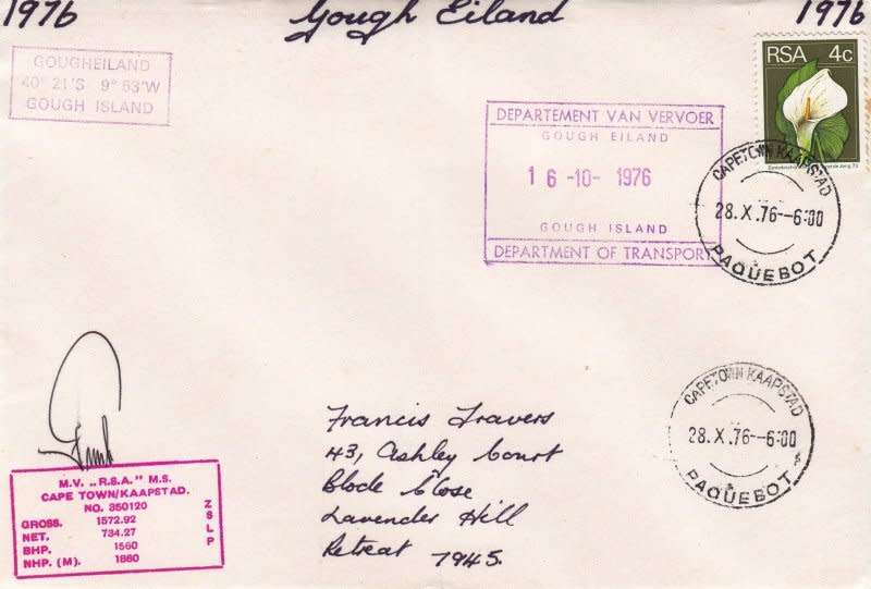 RSA,1976,Special cover from Gough Island, Boat,mail,signed