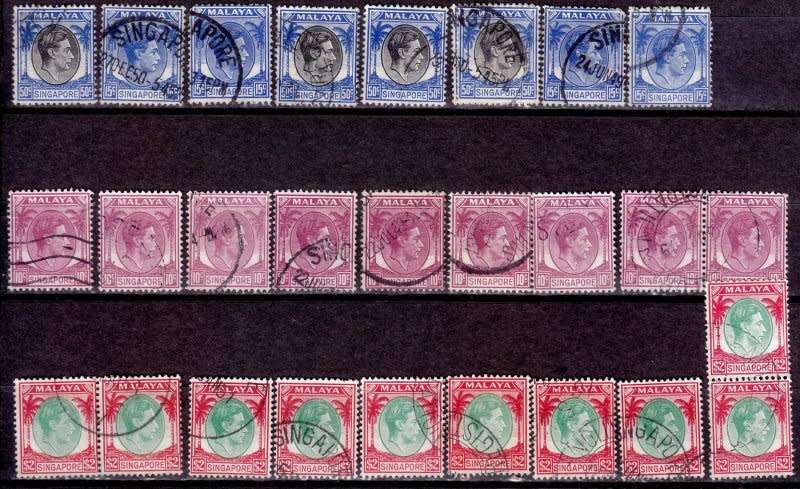 Singapore, Scott #9,11,19,1948,VFU,KGVI,CV$80.00