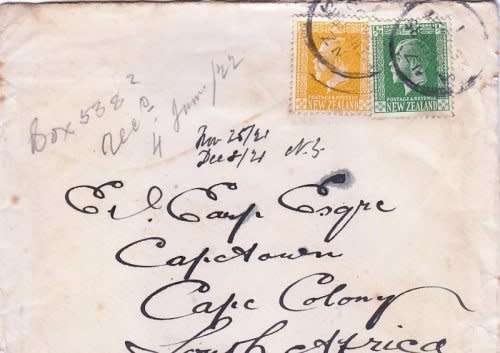 New Zealand,1921/22 Entire from New Zealand to Cape Colony