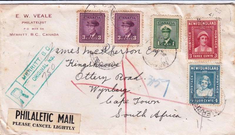 Canada,Newfoundland,1950,Registered cover to South Africa