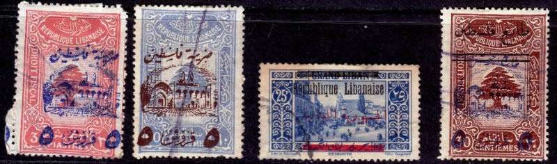Lebanon,Scott #RA5,RA6,RA9,95,FU, Postal Tax stamps,Blue stamp has thinning,CV$15.50