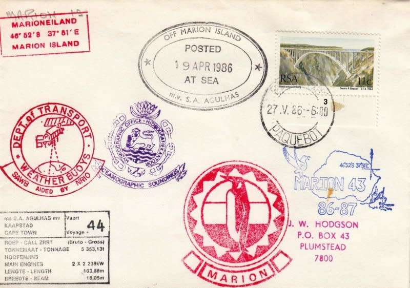 South Africa,1986,Marion Island,Boat mail,Posted at sea