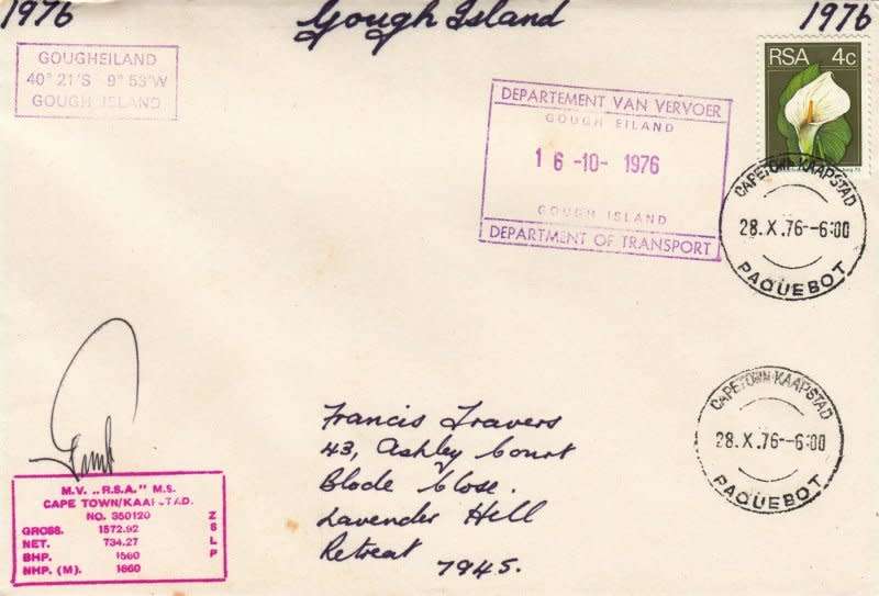RSA, Scott #411,1976,Special cover from Gough Island,Boat,mail,signed