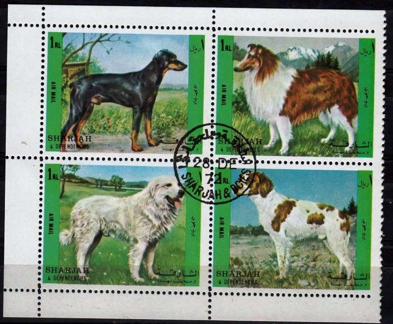 Oman,Sharjah,1972,MNH,Sheet of 4 stamps,Dogs on stamps,CTO
