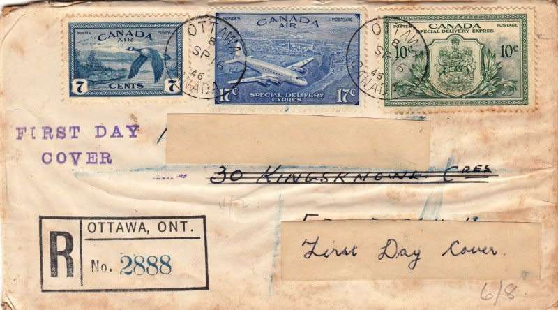 Canada,Scott #CE3,C6,E11,1946,FDC,Size16.6X9.4cm