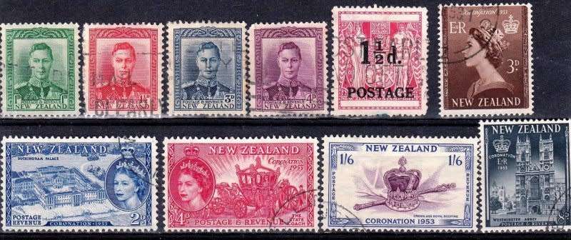 New Zealand,Scott #226,227,228c,260,273,280,281,282,283,284,1938,53,VFU,CV$8.50