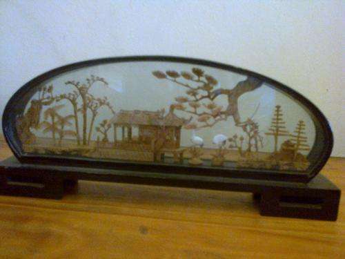 JAPANESE / CHINESE CORK VILLAGE IN GLASS & WOOD FRAME