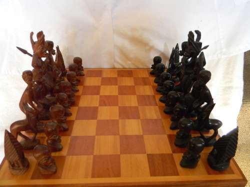 Yellowwood And Mahogany Chess Board With Ebony And Teak Chess Pieces