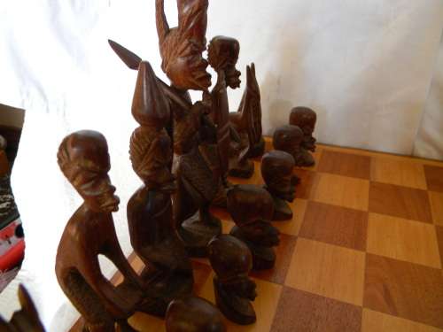 Yellowwood And Mahogany Chess Board With Ebony And Teak Chess Pieces