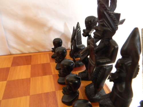 Yellowwood And Mahogany Chess Board With Ebony And Teak Chess Pieces