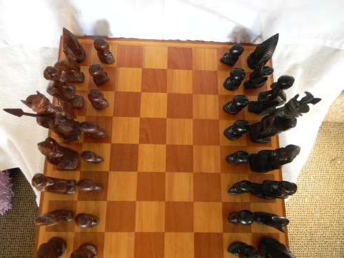 Yellowwood And Mahogany Chess Board With Ebony And Teak Chess Pieces