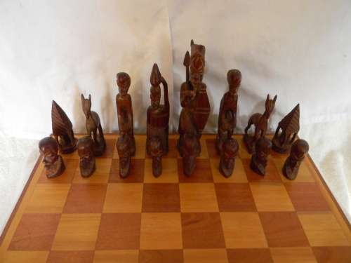 Yellowwood And Mahogany Chess Board With Ebony And Teak Chess Pieces