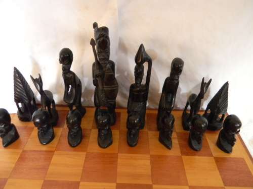 Yellowwood And Mahogany Chess Board With Ebony And Teak Chess Pieces