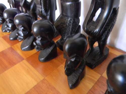 Yellowwood And Mahogany Chess Board With Ebony And Teak Chess Pieces