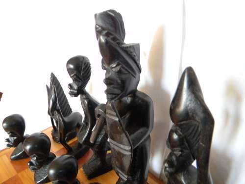 Yellowwood And Mahogany Chess Board With Ebony And Teak Chess Pieces