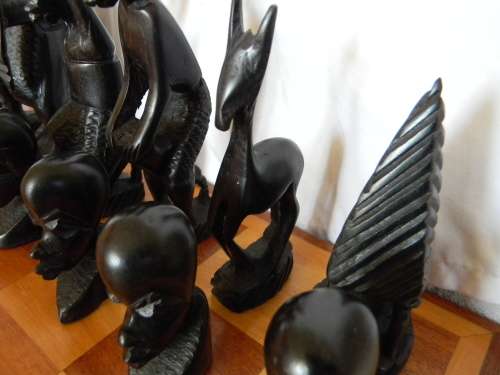 Yellowwood And Mahogany Chess Board With Ebony And Teak Chess Pieces